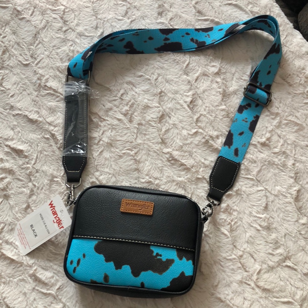 Wrangler Black and Turquoise Cow Print Crossbody Camera Bag